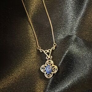 Vintage 925 Sterling Silver Lapis Lazuli Filigree Pendant Necklace Openwork 19''